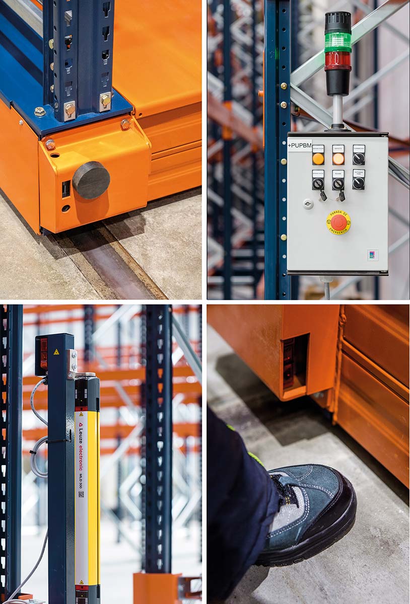 Las estanterías Movirack de Mecalux están equipadas con diferentes elementos de seguridad para evitar accidentes