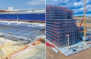 La estructura del almacén autoportante se asienta sobre una losa de hormigón