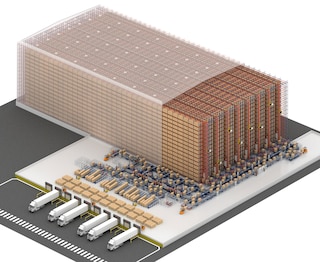 Un circuito de transportadores permite conectar el almacén autoportante con otras zonas, como la de expediciones