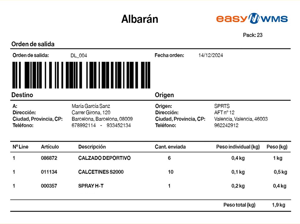 Ejemplo de albarán digital generado por el software de gestión de almacenes Easy WMS de Mecalux