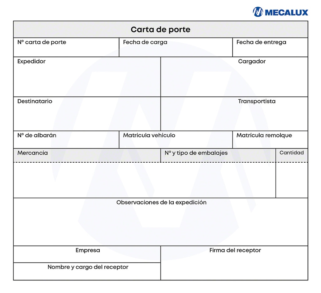 Ejemplo de carta de porte utilizado en almacén logístico con los campos a rellenar