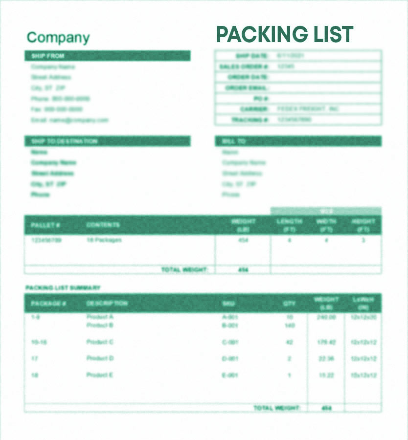 Un packing list incluye los tipos de producto, su cantidad, volumen, tamaño y embalaje