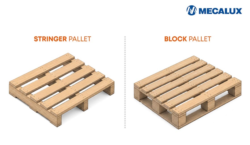 Los block pallets utilizan tacos distribuidos y los stringer presentan largueros longitudinales