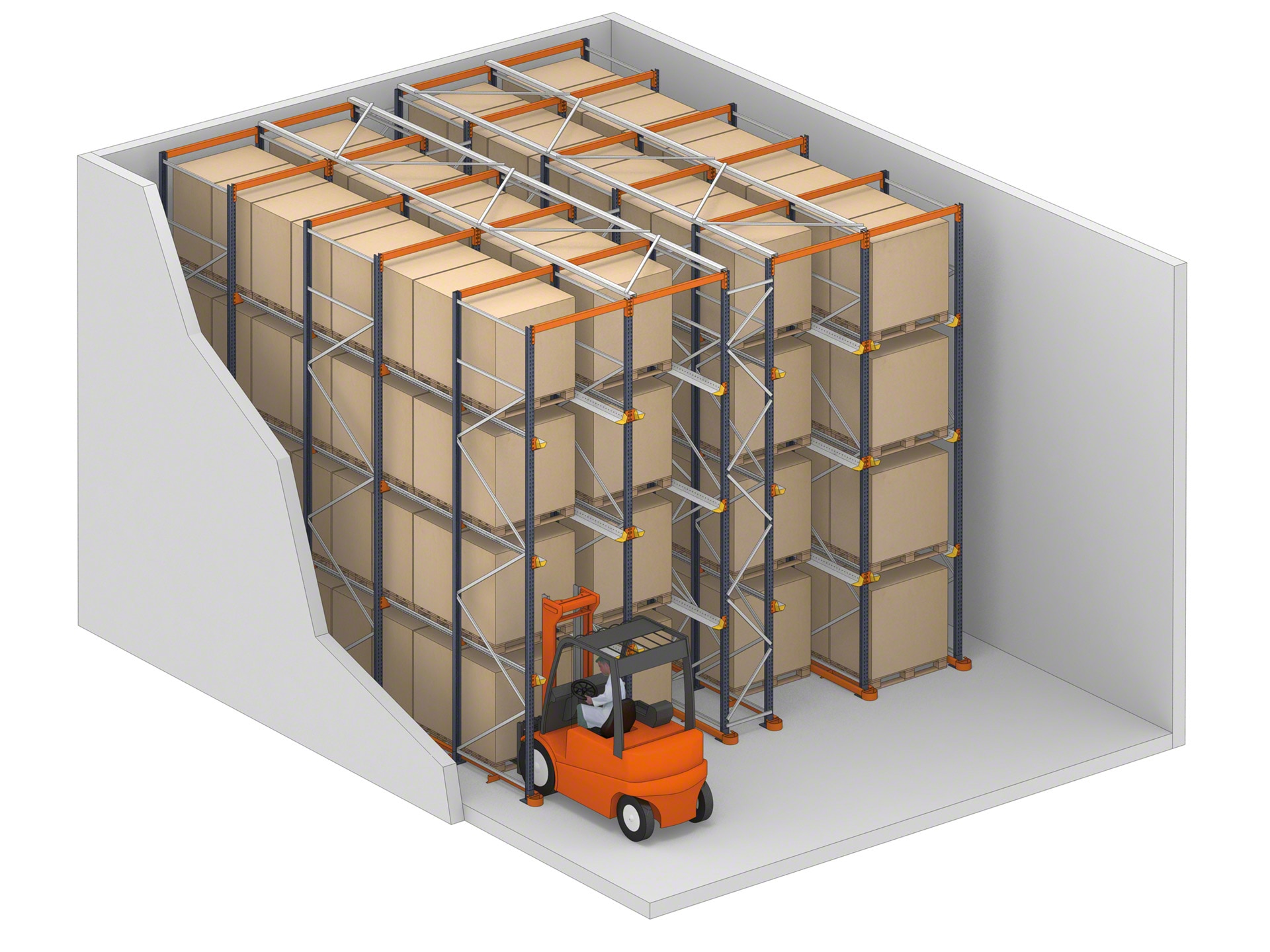 El sistema drive-in son estanterías en las que las carretillas pueden acceder a la mercancía por sus canales de almacenaje