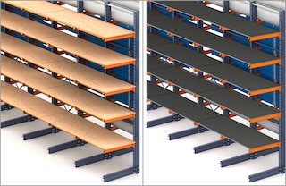 Los estantes corridos se apoyan sobre los brazos en voladizo de las estanterías cantilever