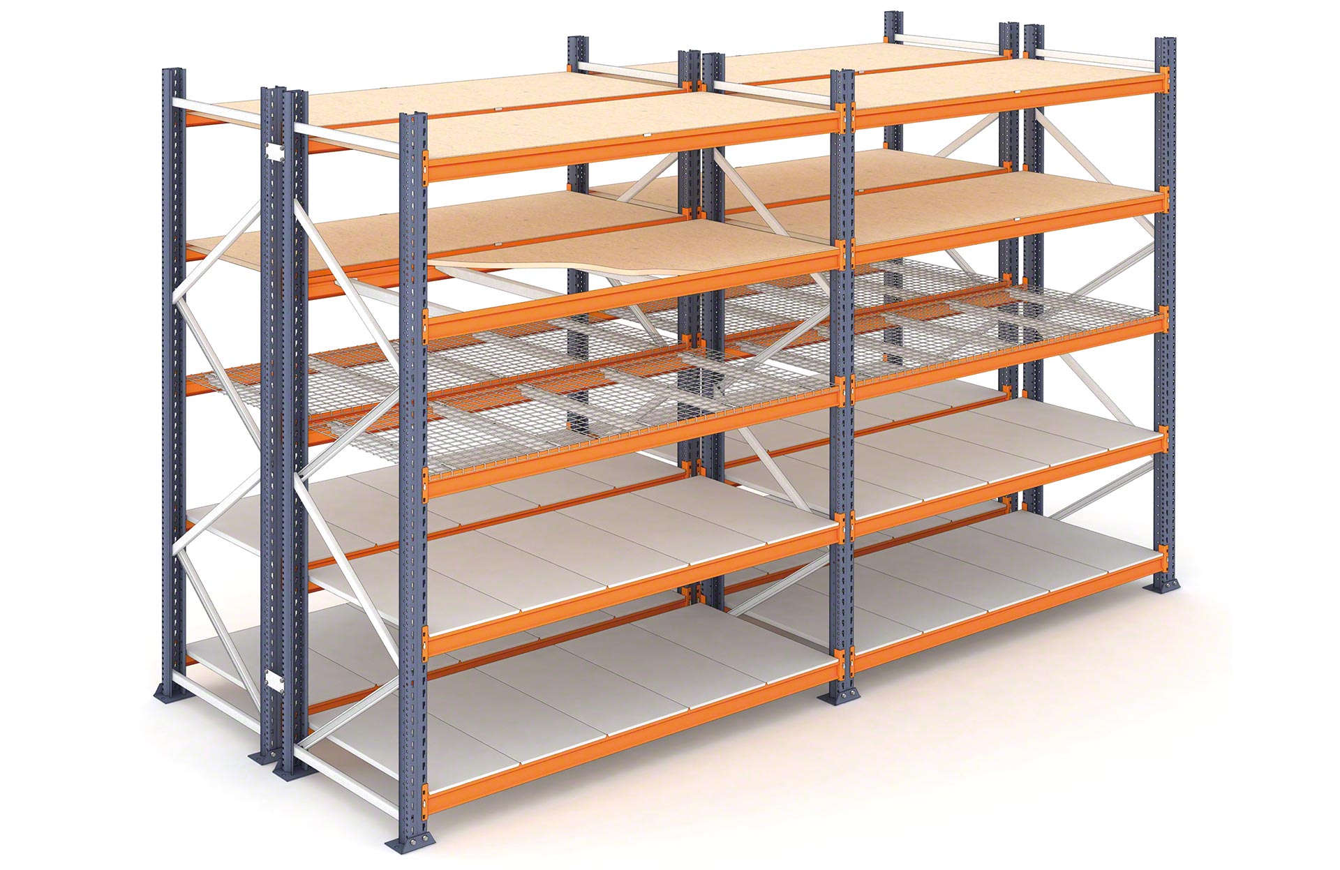 Las estanterías de carga pesada y carga media M7 pueden equiparse con distintos tipos de estantes