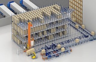 Los sistemas de almacenaje dinámico pueden combinarse con soluciones automáticas como transportadores o transelevadores de palets