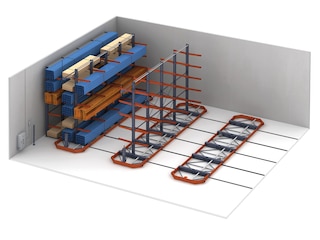 Se pueden instalar estanterías cantilever sobre bases móviles para almacenar cargas largas y voluminosas