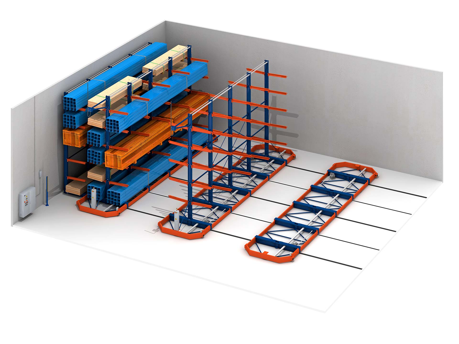 Al igual que en estanterías de paletización, las Movirack pueden incluir cantilever para almacenar productos irregulares