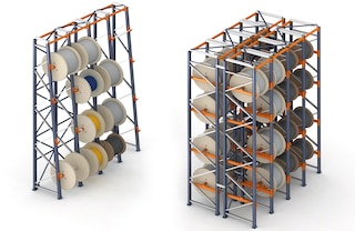 Mecalux ofrece dos modelos de estanterías para bobinas: con bastidor recto o inclinado