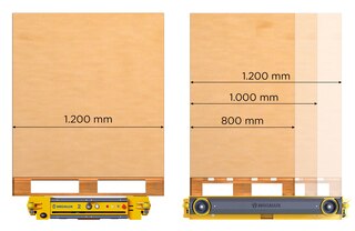 Existen tres tipos de carros, que se ajustan a tres profundidades de palets distintas: 800, 1.000 y 1.200 mm