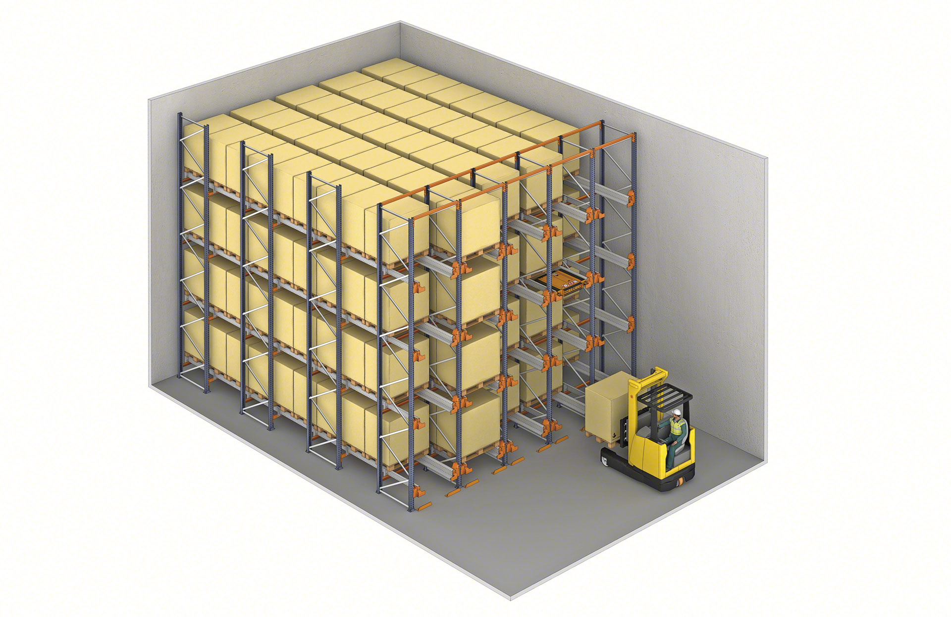 En una sistema Pallet Shuttle no es necesario que la carretilla circule por el interior de las calles de almacenaje