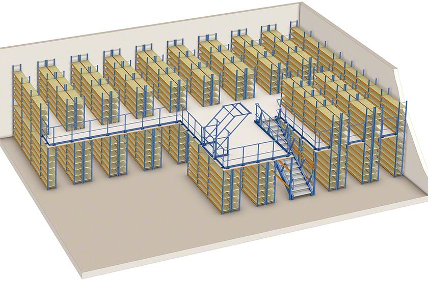 Las estanterías con pasillos elevados garantizan el acceso manual a los niveles más altos