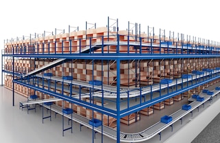 Las estanterías con pasillos elevados se pueden complementar con un circuito de transportadores para agilizar el flujo de cajas