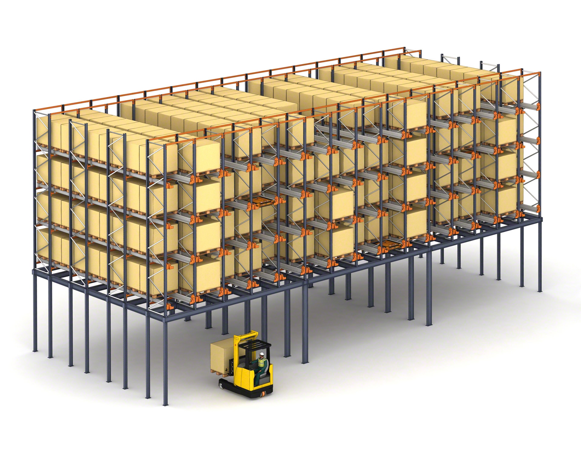 En almacenes de espacio reducido, las estanterías con Pallet Shuttle se pueden colocar en una entreplanta para aprovechar la superficie
