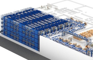 El Sistema Shuttle puede configurarse con estanterías de grandes dimensiones y múltiples pasillos para optimizar el uso del espacio