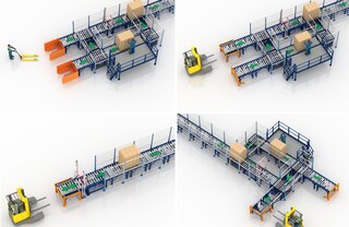 El circuito de transportadores puede integrar un puesto de trabajo ergonómico para realizar picking sobre palets
